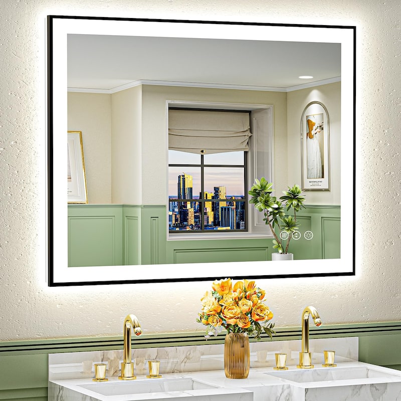 Full Size Back & Front LED Lighted Anti-Fog Tempered Glass Framed Wall Bathroom Vanity Mirror - 40" x 36"
