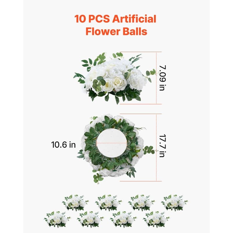 White Silk Rose Flower Balls Set of 10 with Base for Wedding Decor - 17.7 x 17.7 x 7.09 inch