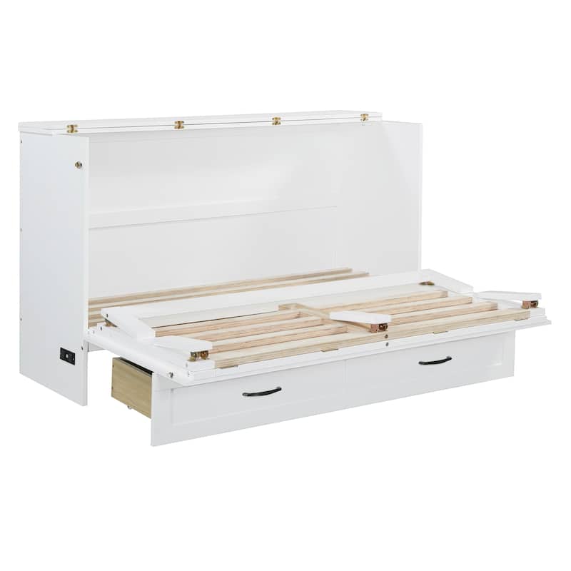 Queen Size Foldable Murphy Bed with Storage Drawers & USB Charging,Space Saving Wall Bed