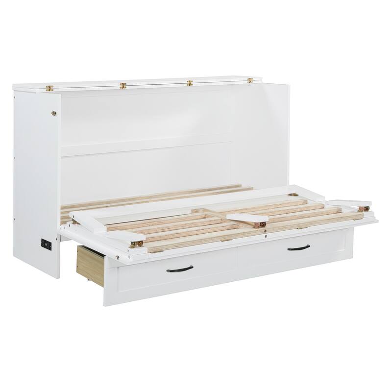 Space-Saving Queen Size Murphy Bed with Drawers and USB Charging, White