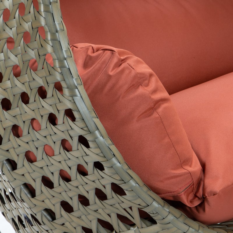 LeisureMod 2-Person Hanging Egg Swing Chair with Metal Stand - Handcrafted Beige Wicker, Patio Hammock Lounger with Cushions