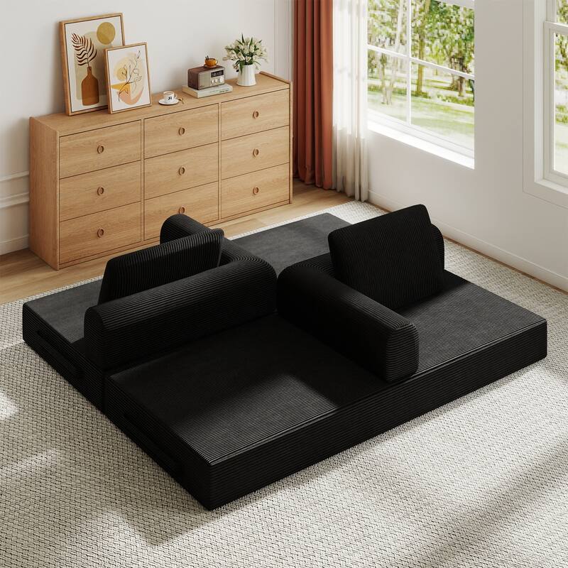 Convertible Sleeper Sofa Bed with Cylindrical Pillow - Corduroy Folding Mattress Couch with Fixed-Shape Frame