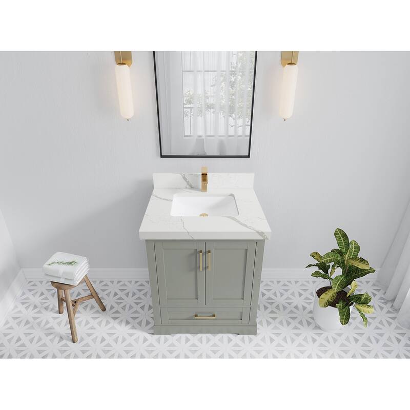 Willow Collection 30 in W x 22 in D x 36 in H Reeded Boston Single Bowl Sink Bathroom Vanity with Quartz or Marble Countertop - 2"Calacatta Laza - Evergreen