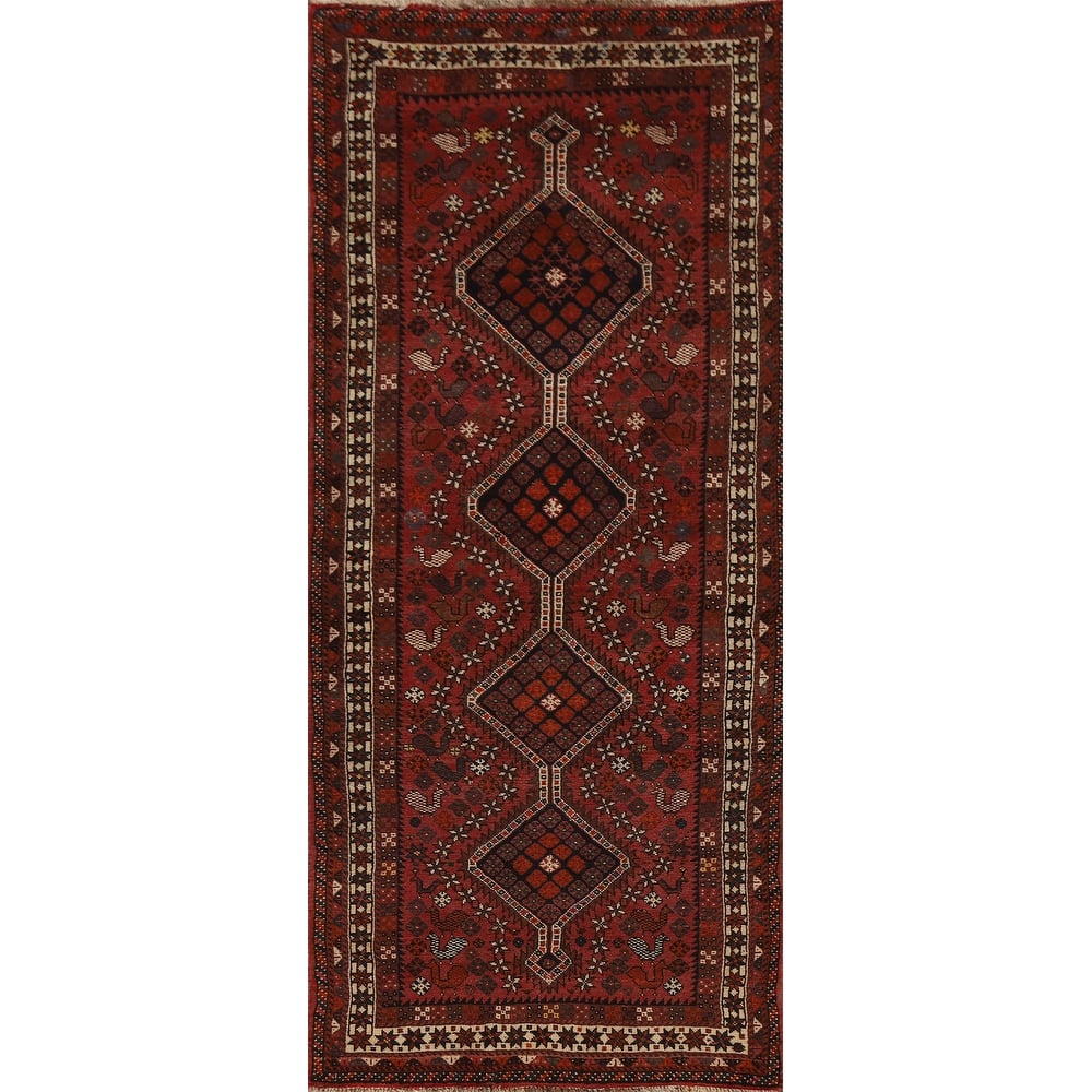 Pictorial Shiraz Persian Runner Rug Handmade Vintage Wool Carpet - 3'4"x 9'4"