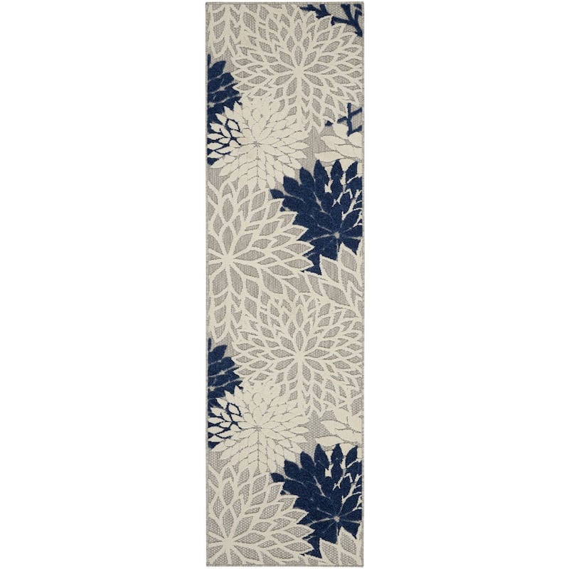 Nourison Aloha Floral Modern, Indoor/Outdoor Area Rug - 2'3" x 12' - Ivory/Navy Blue