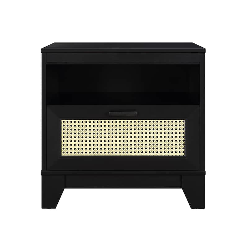 Modern Black Cane Nightstand with Drawer and Cubby Space - Black