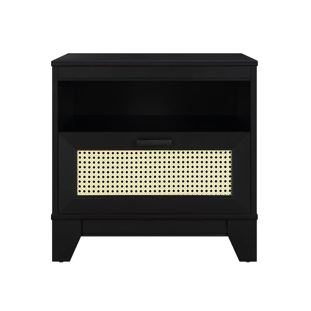 Modern Black Cane Nightstand with Drawer and Cubby Space