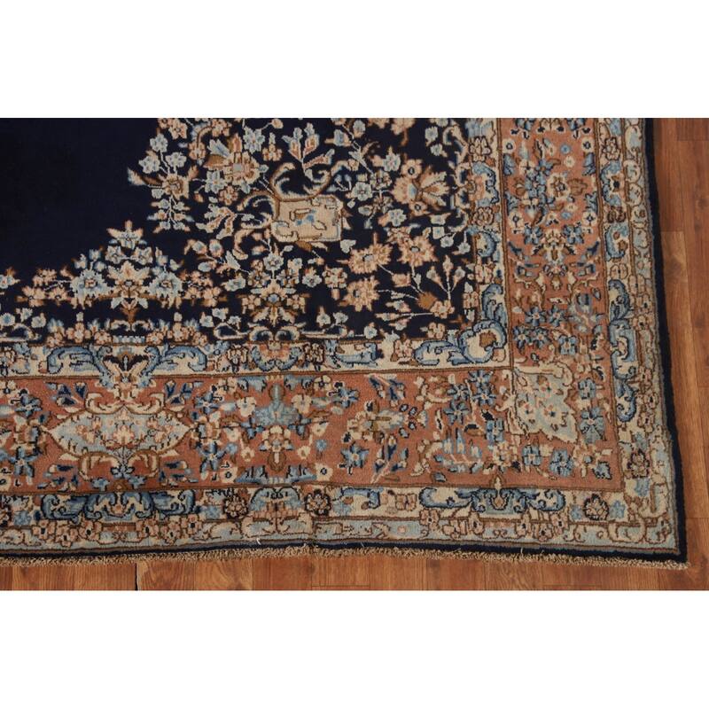 Navy Blue Floral Kerman Persian Antique Area Rug Handmade Wool Carpet - 6'11" x 9'7"