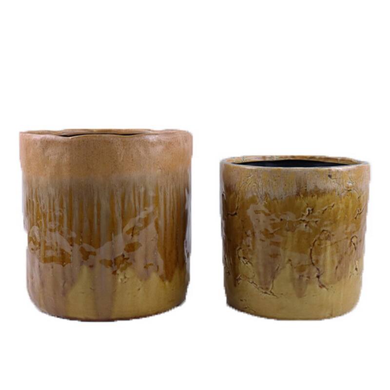 Foy Tall Planter Set of 2, Dual Mustard Brown Ceramic, Round Modern