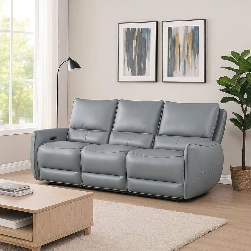 Pono Power Reclining Sofa, Pale Blue Top Grain Leather, 85 Inch, Zero Gravity