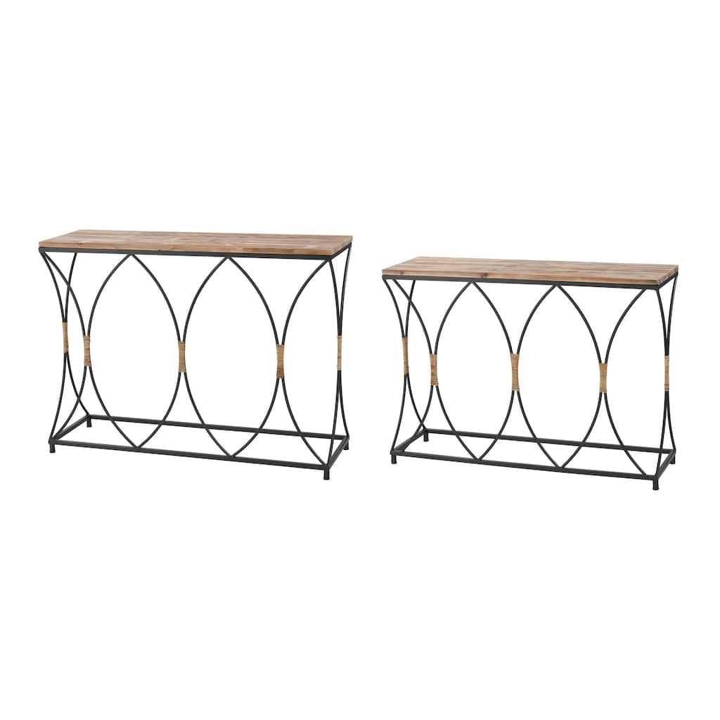 Fisher Island Set of 2 Rectangular Metal and Rattan Base with Wood Top Console Tables - 42 inch W