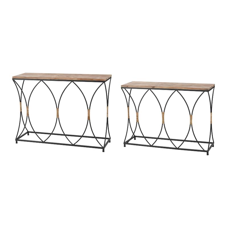 Fisher Island Set of 2 Rectangular Metal and Rattan Base with Wood Top Console Tables - 42 inch W