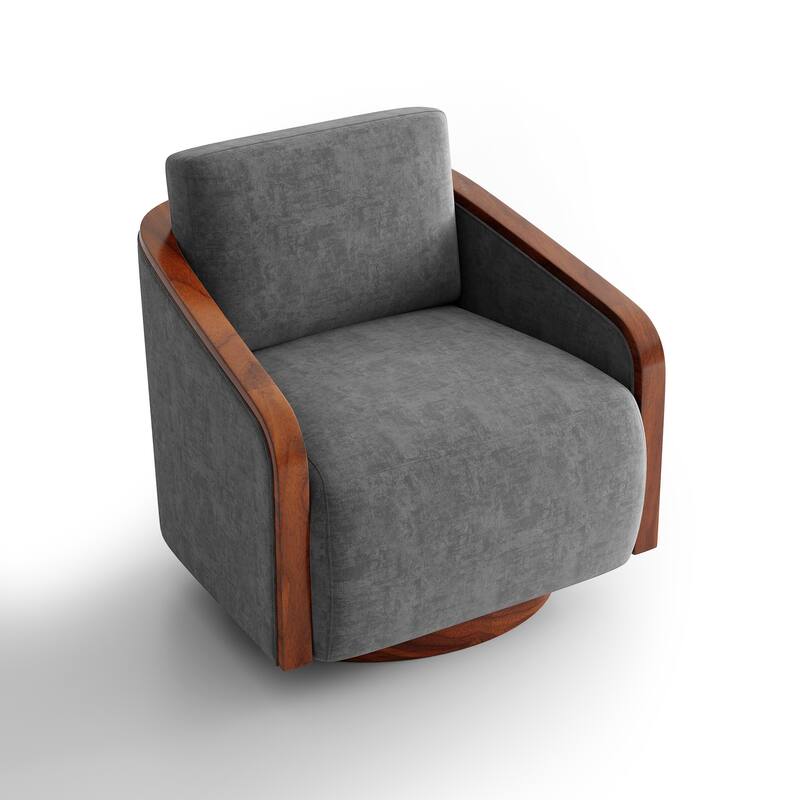 Upholstered Swivel Barrel Chair with Curved Wood Arms