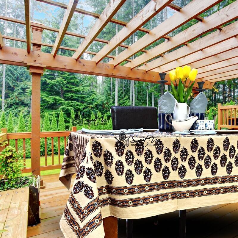 Earthy Spiral Floral Block Print Cotton Tablecloth Collection