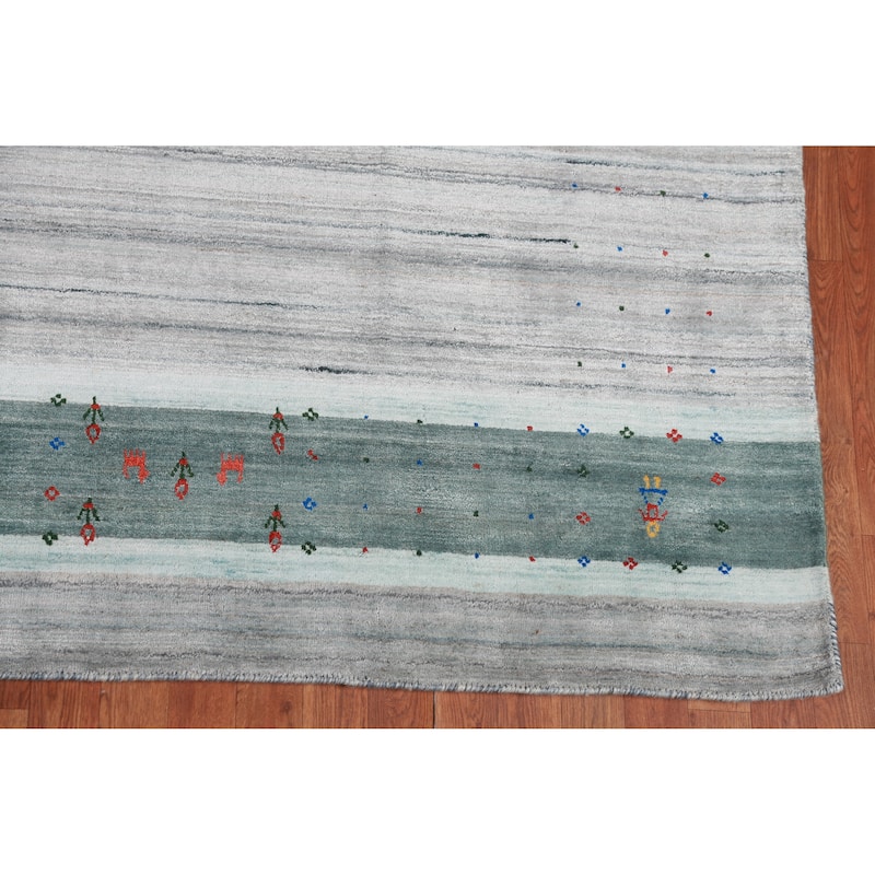 Tribal Gabbeh Indian Area Rug Hand-Knotted Grey Modern Wool Carpet - 8'0" x 9'8"