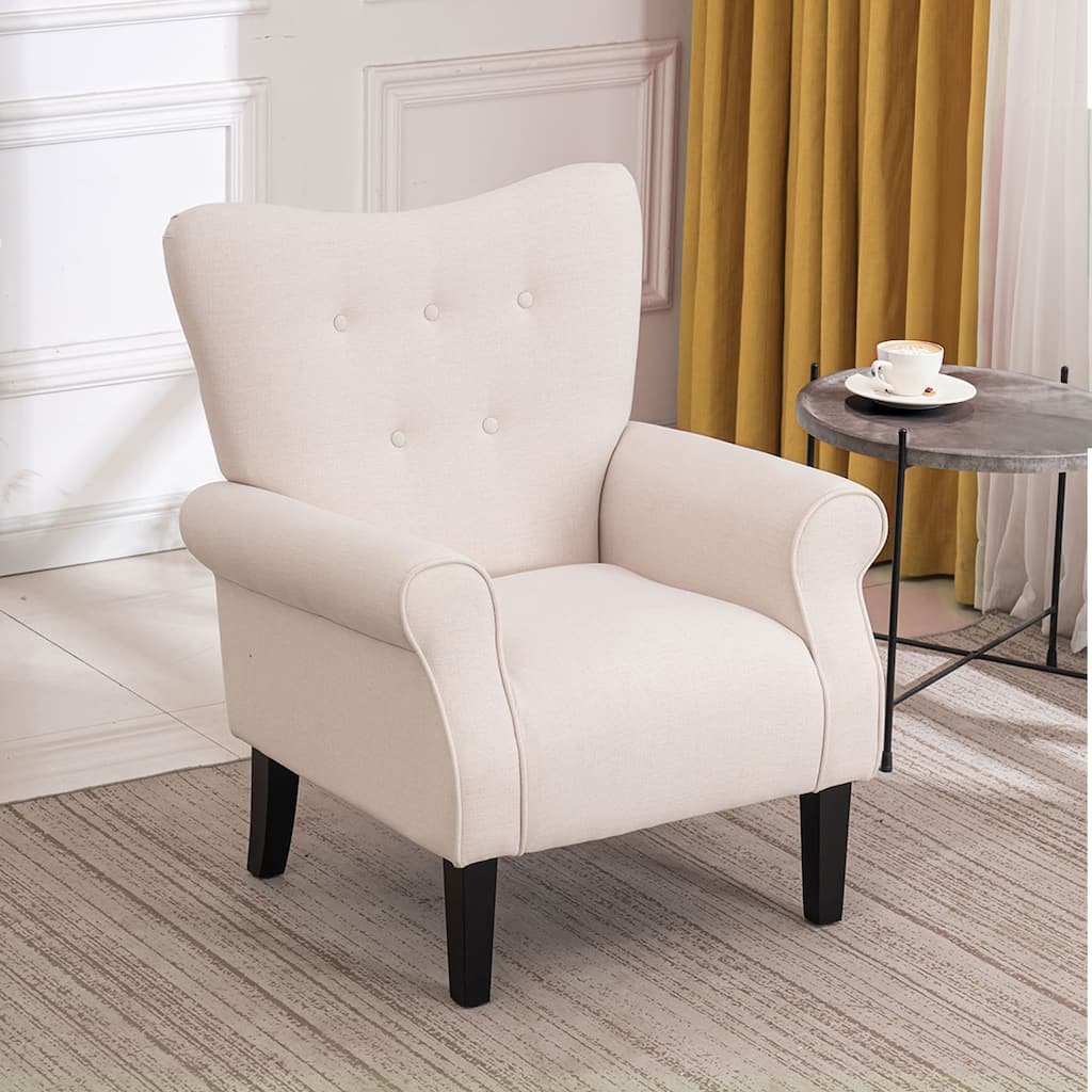 EROMMY Wingback Accent Chair, High-Back Upholstered Fabric Chair with Wooden Legs, Off-White
