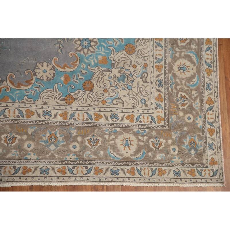 Hand Knotted Oriental 100% Wool Carpet Traditional Medallion Greys & Charcoal Tabriz Area Rug - 12' 8'' X 9' 6''