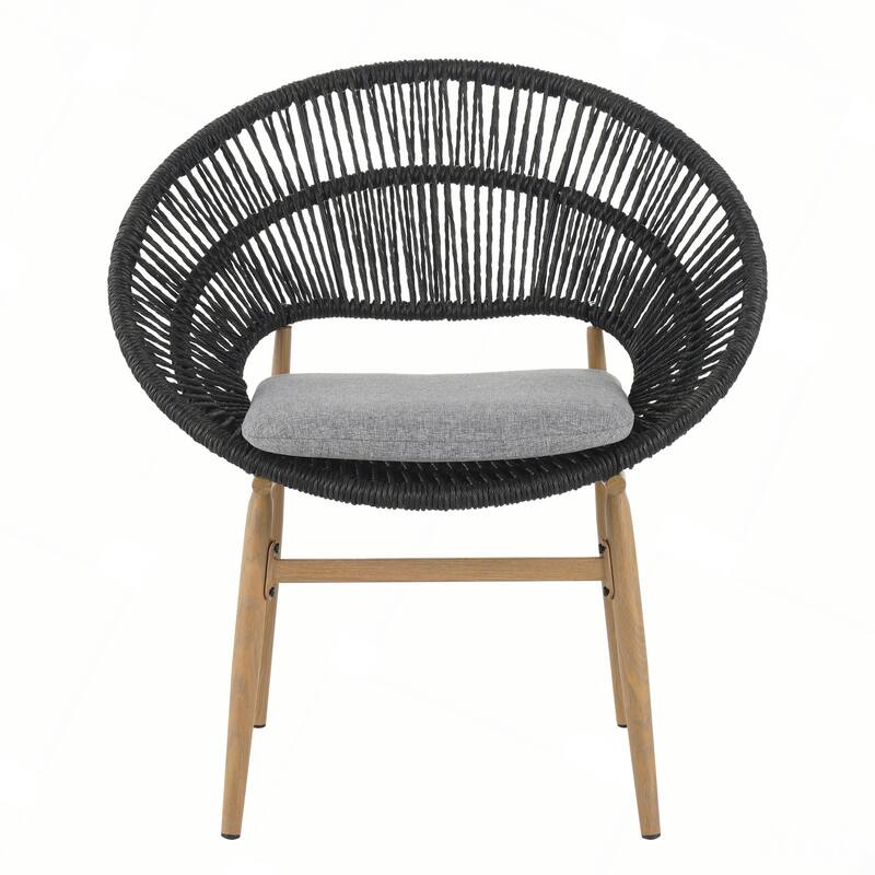 Outdoor Wicker Papasan Style Dining Chair with Beige Cushion, Set of 2