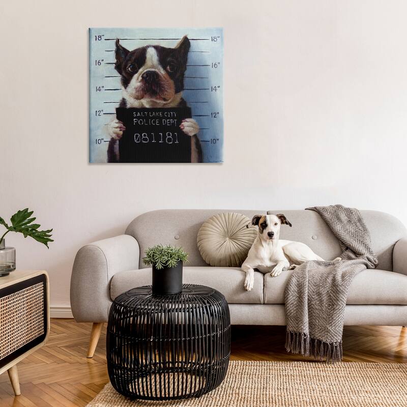 Stupell Funny Boston Terrier Dog Jail Convicted Police Canvas Wall Art - Blue