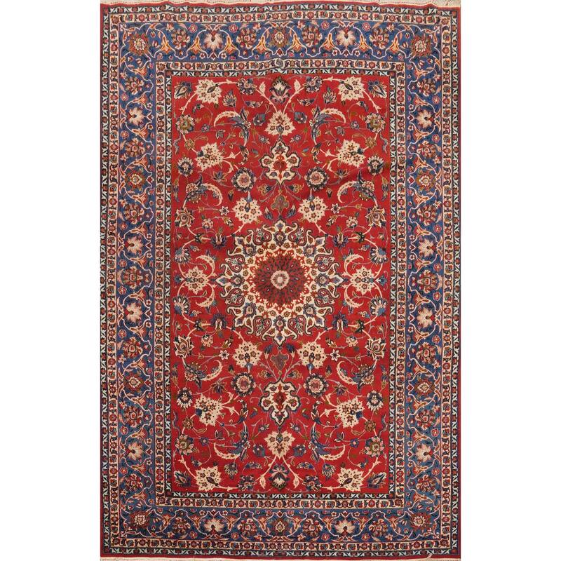 Hand Knotted Oriental 100% Wool Carpet Traditional Floral Red Isfahan Area Rug - 9' 9'' X 7' 6''