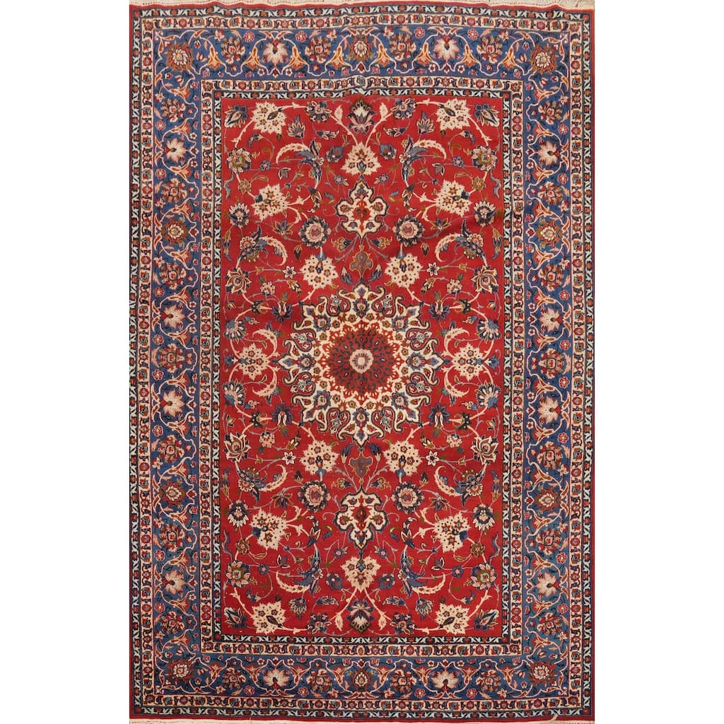 Hand Knotted Oriental 100% Wool Carpet Traditional Floral Red Isfahan Area Rug - 9' 9'' X 7' 6''