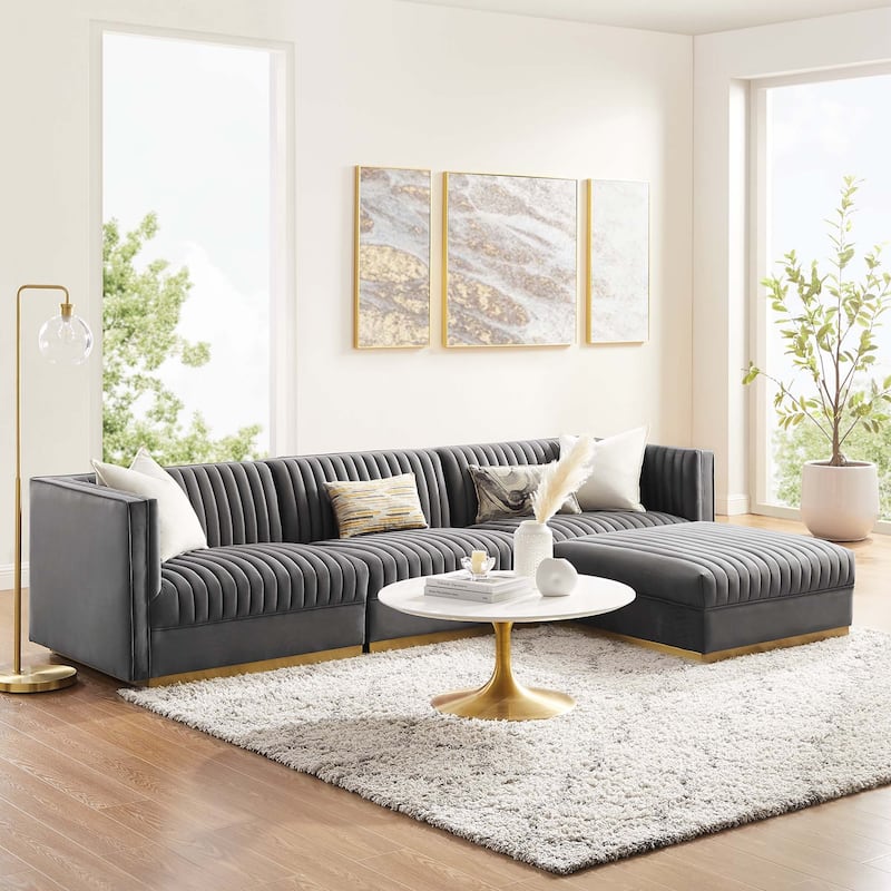 Sanguine Channel Tufted Performance Velvet 4-Piece Modular Sectional Sofa - Gray