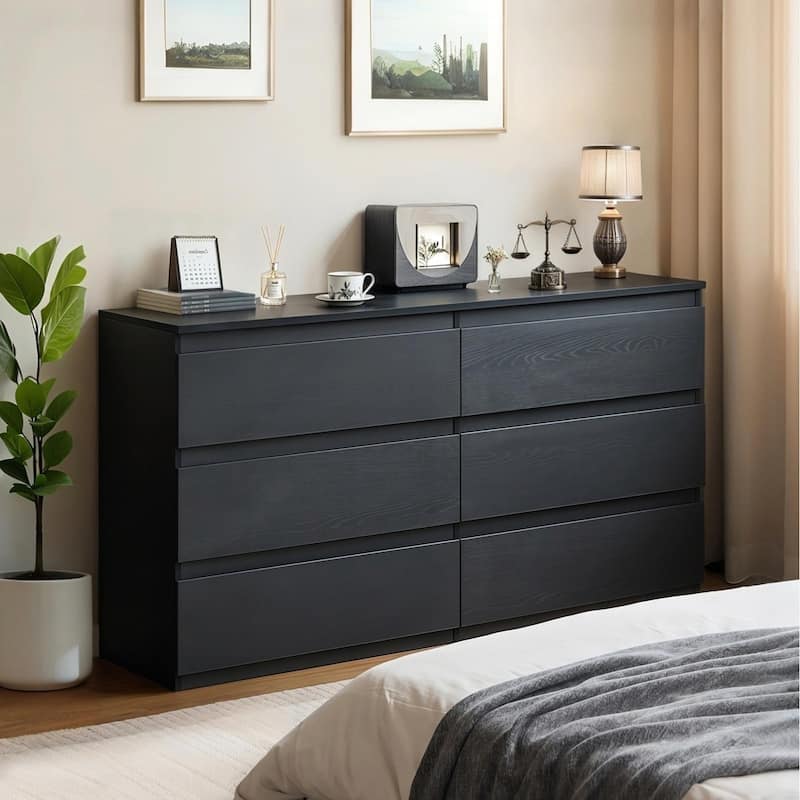 6 Drawer Black Dresser, Modern Bedroom Dresser with Spacious Countertop