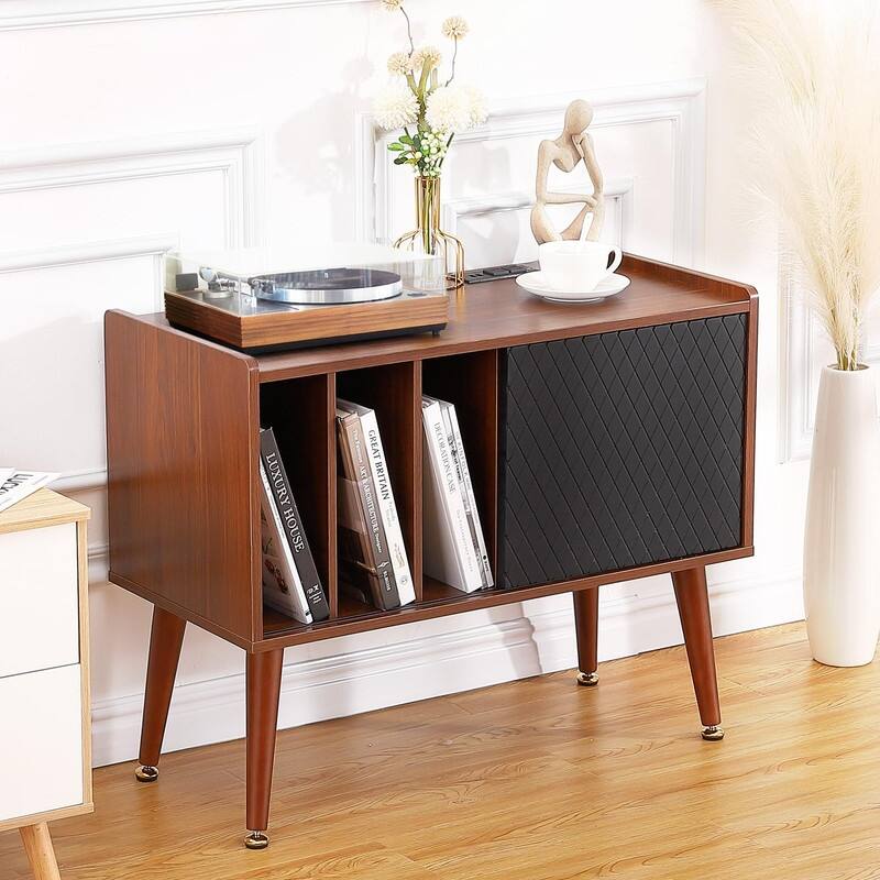 Record Player Stand with Charging Station and USB Ports - 14.5"D x 31.5"W x 25.5"H - 14.5"D x 31.5"W x 25.5"H - Brown - MDF