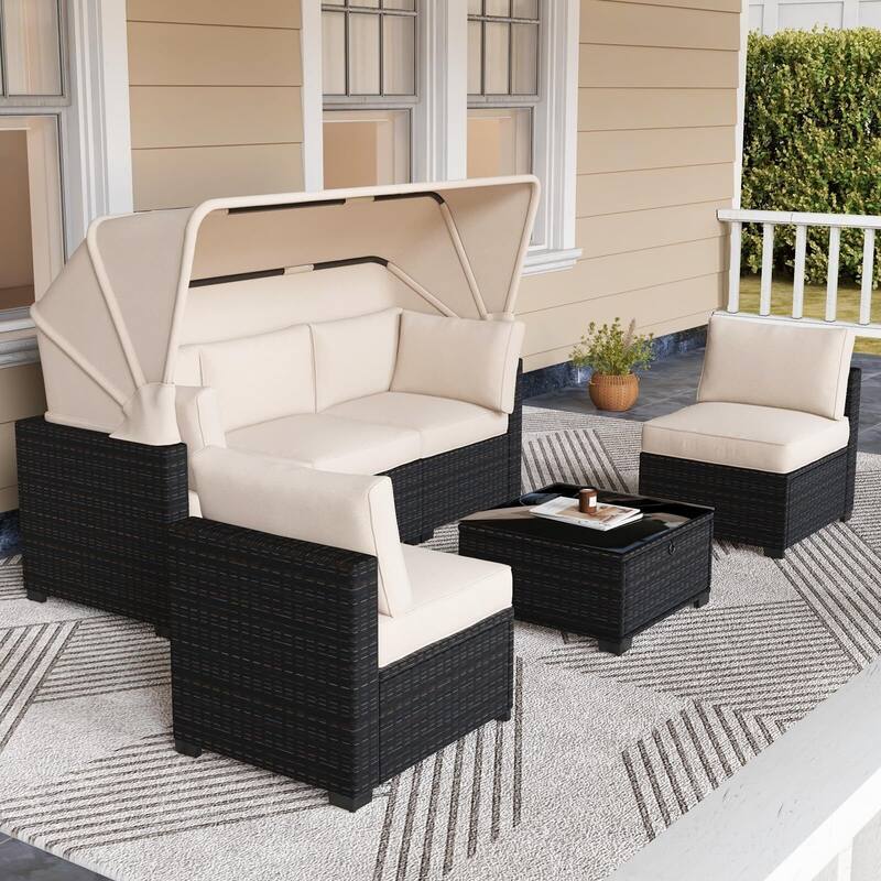 6pcs Outdoor Rattan Wicker Furniture with Canopy
