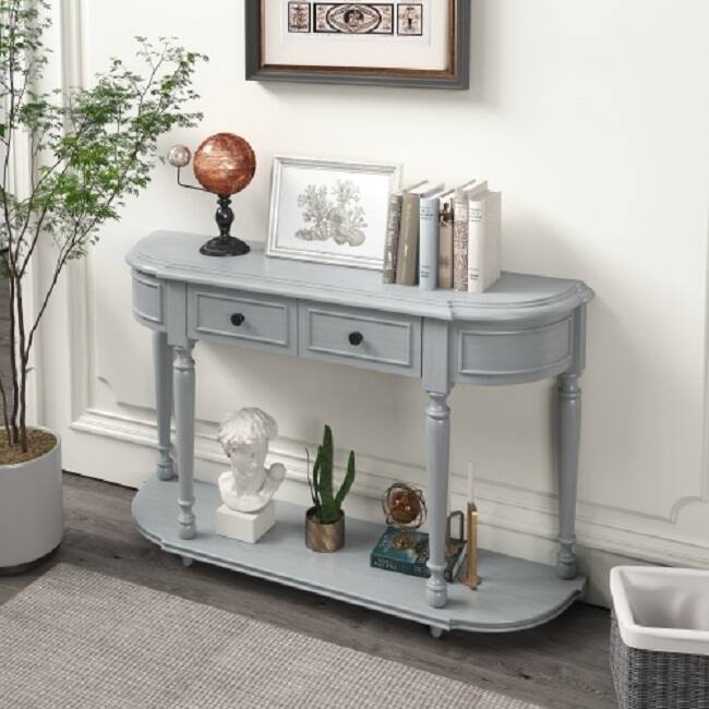 Retro Circular Curved Design Console Table with Open Style Shelf Solid Wooden Frame and Legs Two Top Drawers