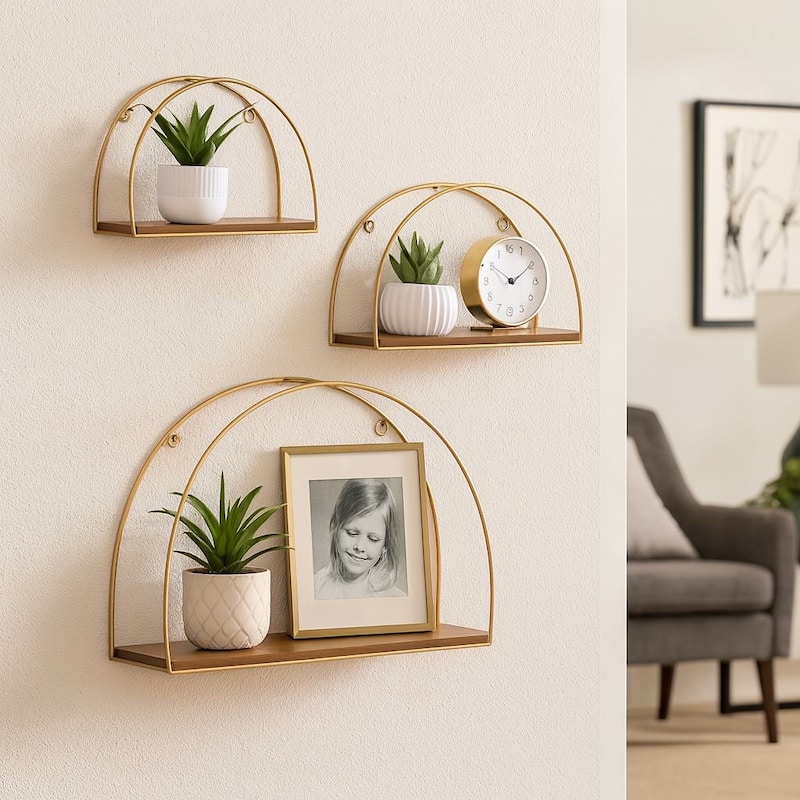 Metal Wood Arched Wall Shelves Set - Brown, 10/12/14" - 21.0"