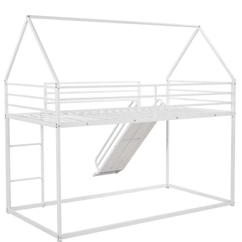 Twin Metal House Bunk Bed with Ladder, Slide, and Guardrails
