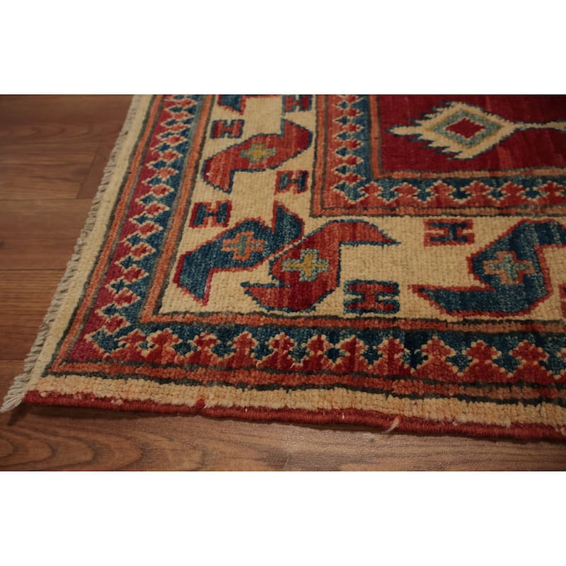 Hand Knotted Oriental 100% Wool Carpet Traditional Medallion Red Kazak Area Rug - 6' 4'' X 3' 10''