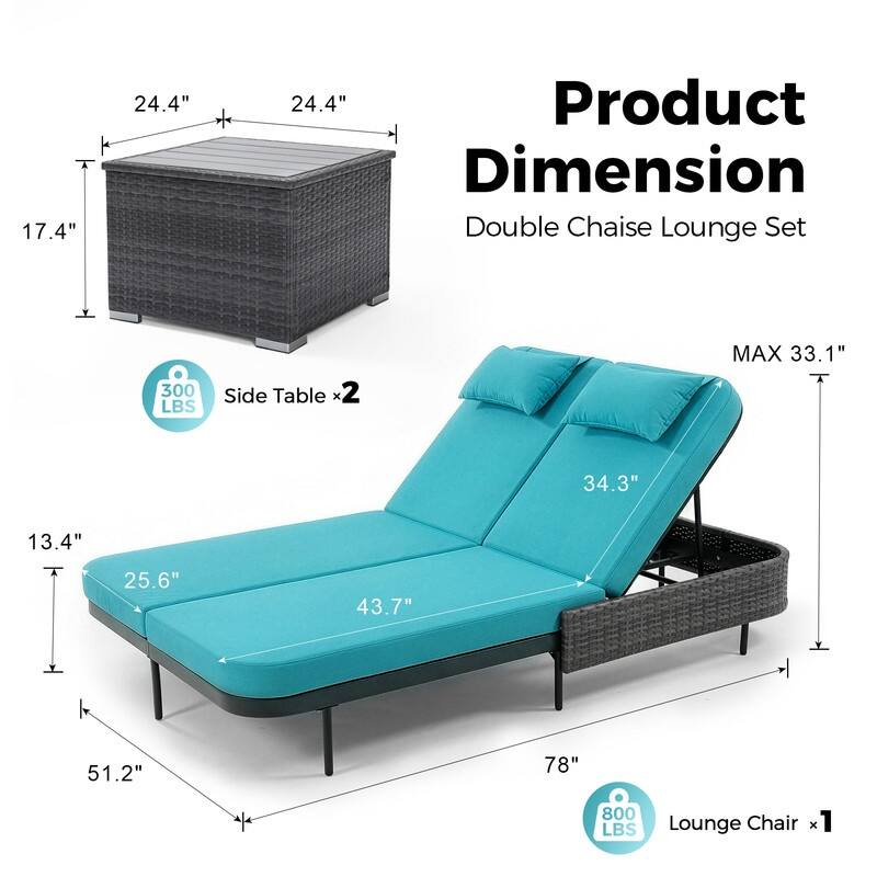 2-Person Outdoor Double Chaise Lounge with 2 Side Tables, Wicker Patio Reclining Daybed, Adjustable Backrests, 800 lb Capacity