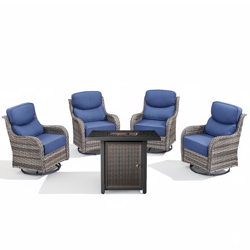 Arcadia 5-Piece Wicker Patio Set with 4 Swivel Glider Chairs and Square All-Iron Fire Pit