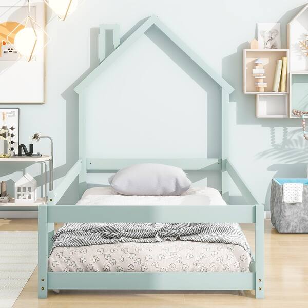 slide 2 of 40, Twin Size Wood Floor Bed with House-Shaped Headboard and Guardrails, Light Green Light Green