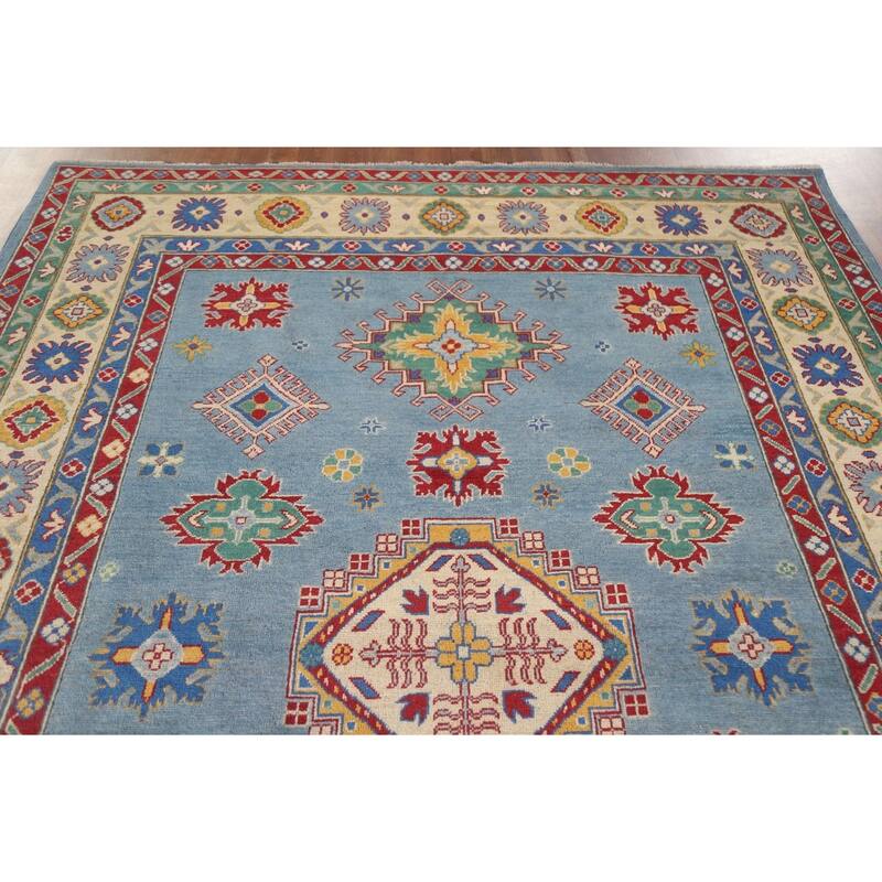 Hand Knotted Oriental 100% Wool Carpet Traditional Geometric Navy Blue & Blues Kazak Area Rug - 9' 6'' X 6' 8''