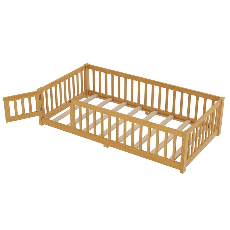 Wooden Floor Bed Frame with Safety Guardrail and Door, Kids Montessori Floor Beds, No Box Spring Needed