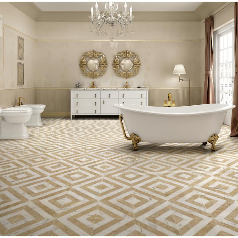 Roomfitters Waterjet Marble Tile for Floor and Wall, Polished Natural Stone, Genuine Marble, 8-Piece Box, White Gold - White+Gold