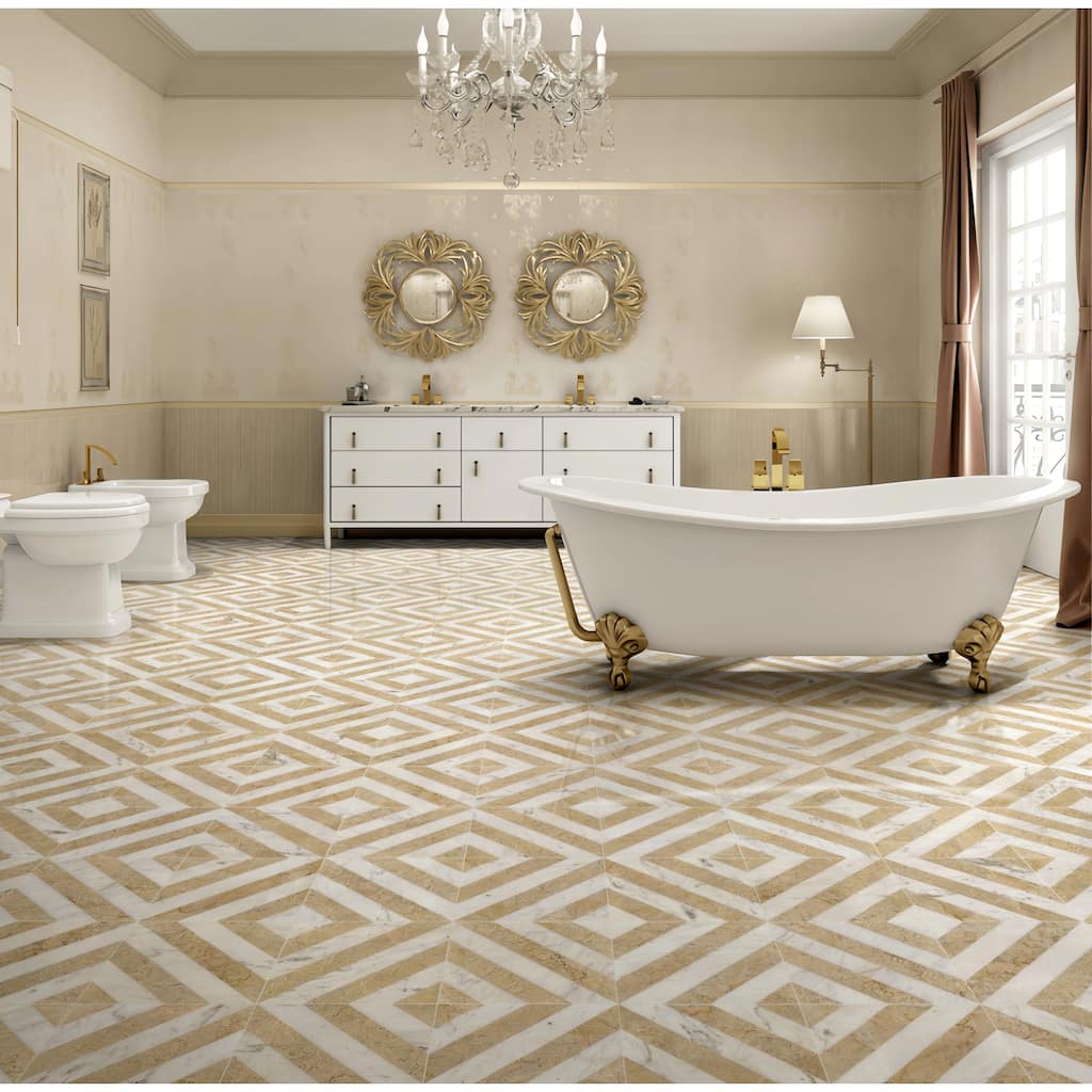 Roomfitters Waterjet Marble Tile for Floor and Wall, Polished Natural Stone, Genuine Marble, 8-Piece Box, White Gold