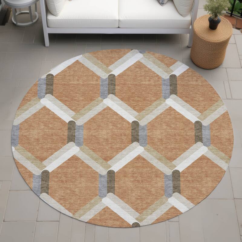 Machine Washable Indoor/ Outdoor Modern Trellis Chantille Rug - Copper - 8' x 8'