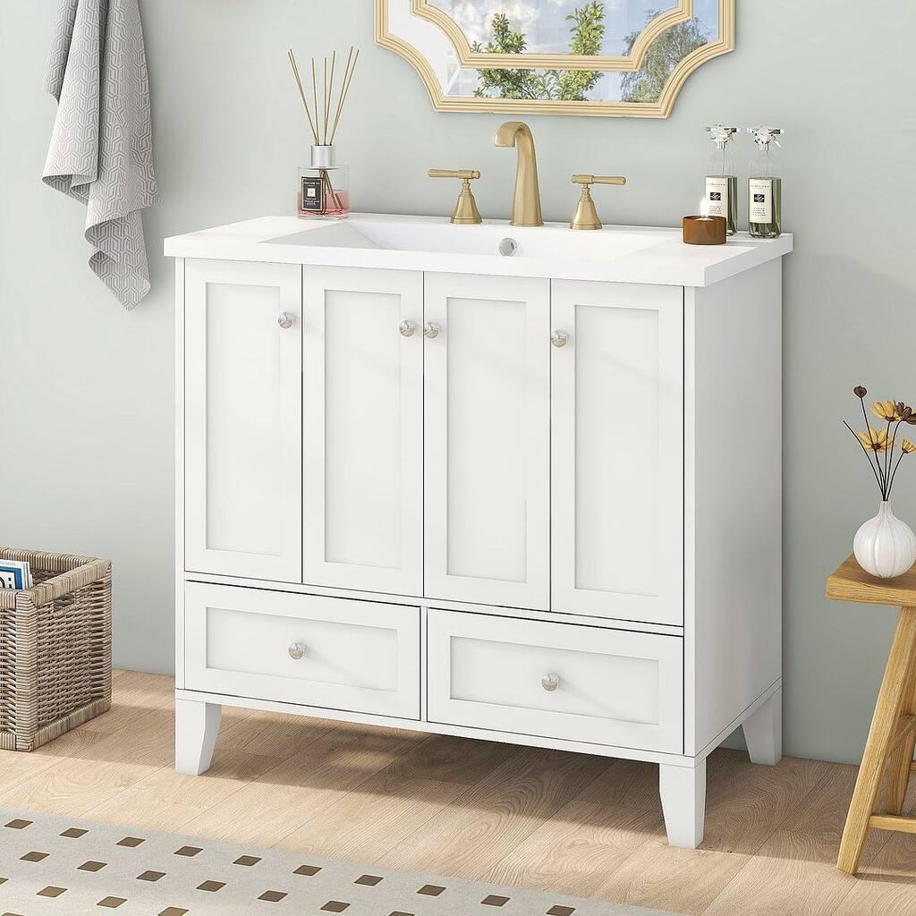 36'' Elegant Bathroom Vanity with Resin Sink, 4 Doors and 2 Drawers