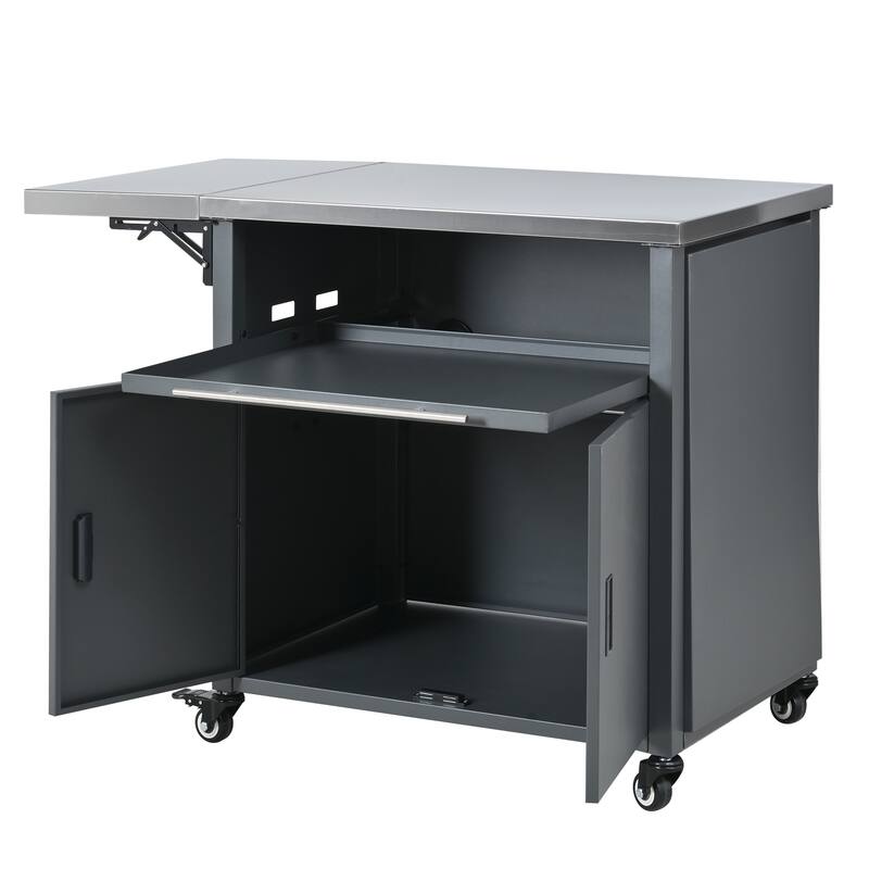 Foldable Outdoor Prep Station BBQ Cart, Kitchen Island Grill Cart with Trash Rack and Storage Space