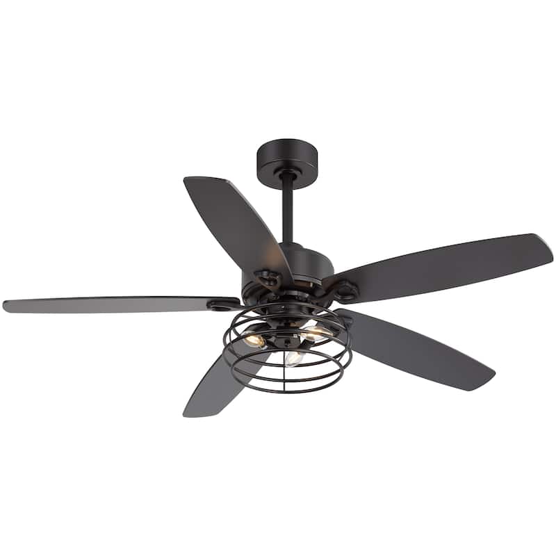 52" Industrial Reversible Wood 5-Blade Black Ceiling Fan with Light and Remote