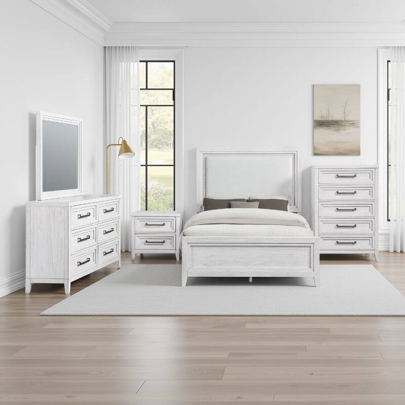 Leva 5pc Queen Bed Set with Dresser Chest and Mirror, Distressed White