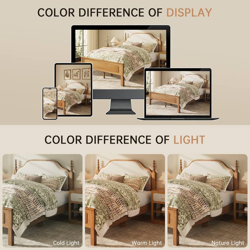 Classic Turned Post Wood Bed Frame with Upholstered Headboard, Sturdy Screw-Free Slats and Noise-Free Support