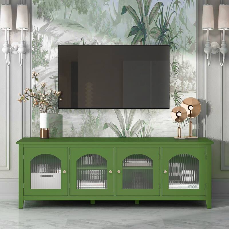 71" Modern TV Stand, Entertainment Center Media Console, Solid Wood Frame TV Cabinet with Changhong Glass Doors & Metal Handles