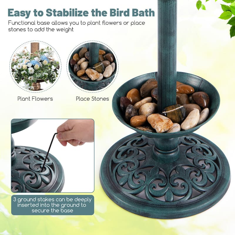 Gymax Solar Bird Bath Standing Pedestal Birdbath & Feeder Combo w/
