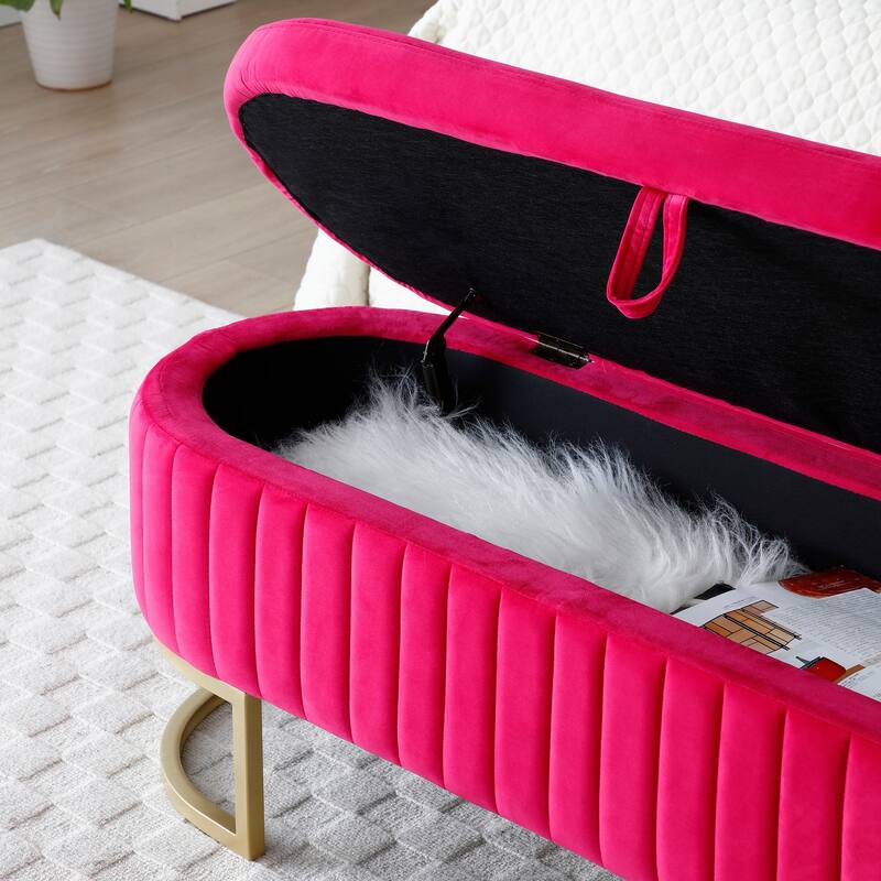 Storage Bench Bedroom Bench, Velvet Oval Upholstered End of Bed Bench with Golden Metal Legs, 50" Storage Ottoman Bench
