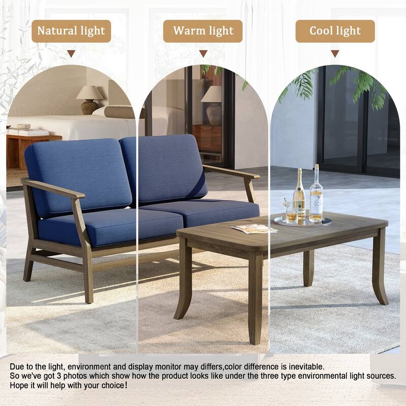 Outdoor Loveseat Sofa with Coffee Table Teak Wood Patio Furniture